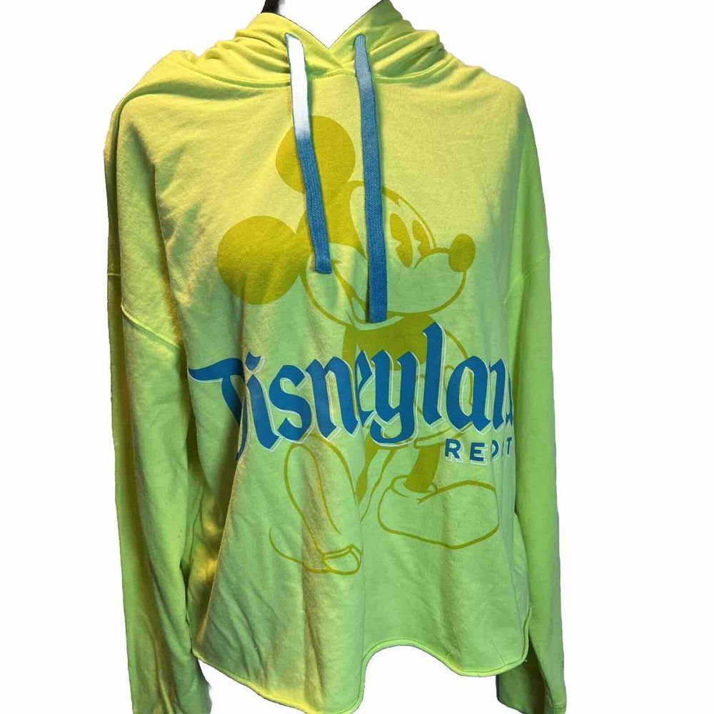 Disney Parks Hoodie Womens Large Yellow Blue Disneyland Mickey Crop Neon DLR New